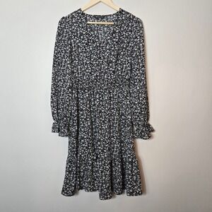 PRETTYGARDEN Womens Black White Ditsy Floral Smocked Waist V-Neck Mini Dress S